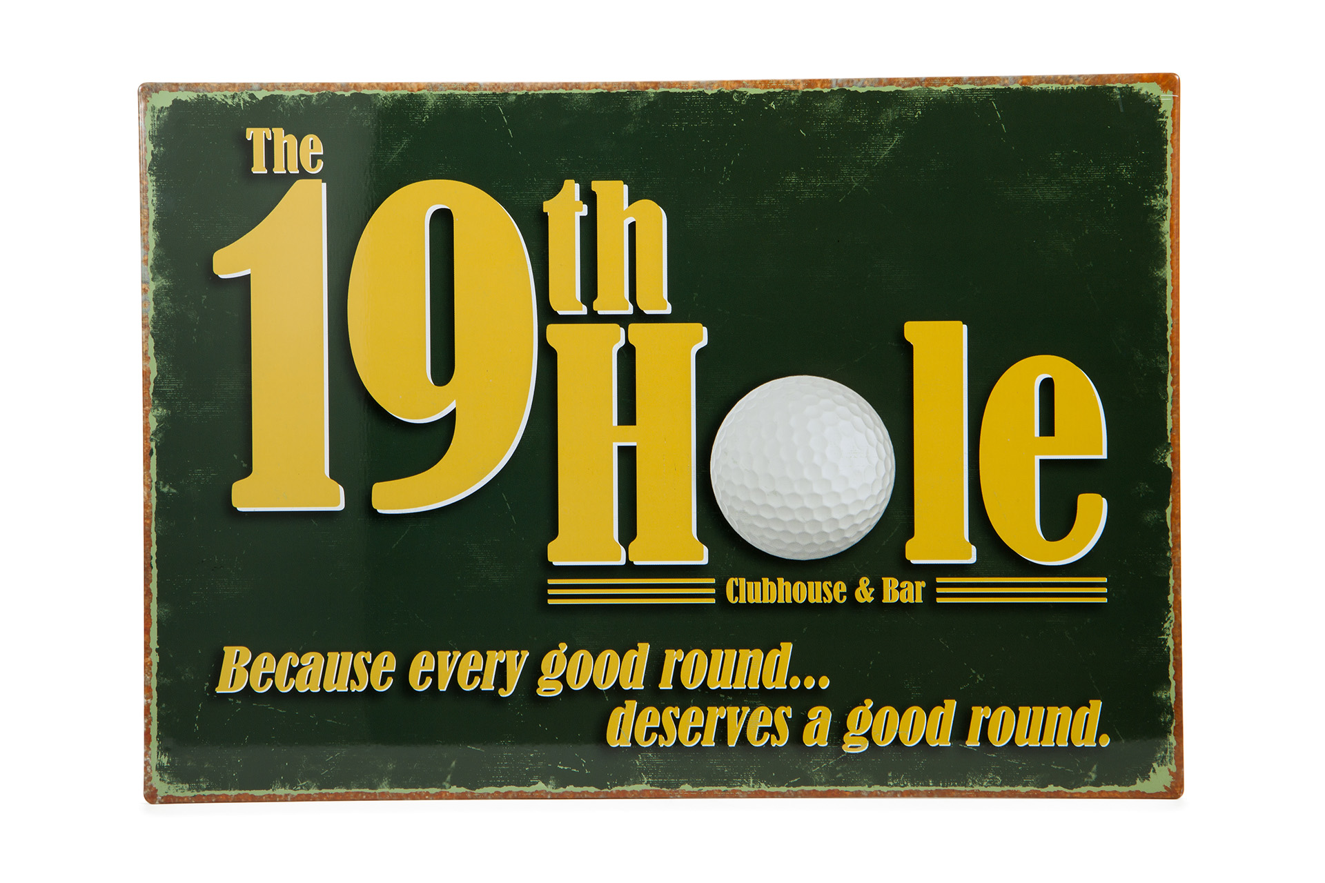 A 19th hole golf sign against a white background